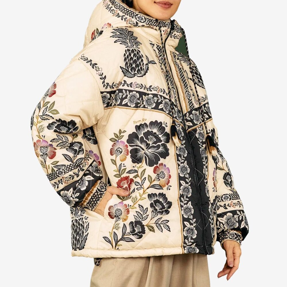 FARM Rio Cream Quilted Puffer Jacket with Black Floral Embroidery - Picture 3 of 15